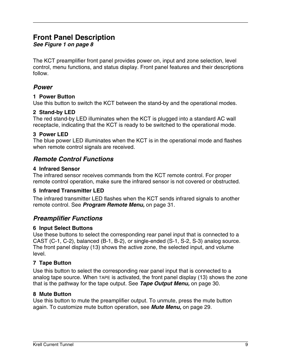 Front panel description | Krell Industries KCT User Manual | Page 13 / 44