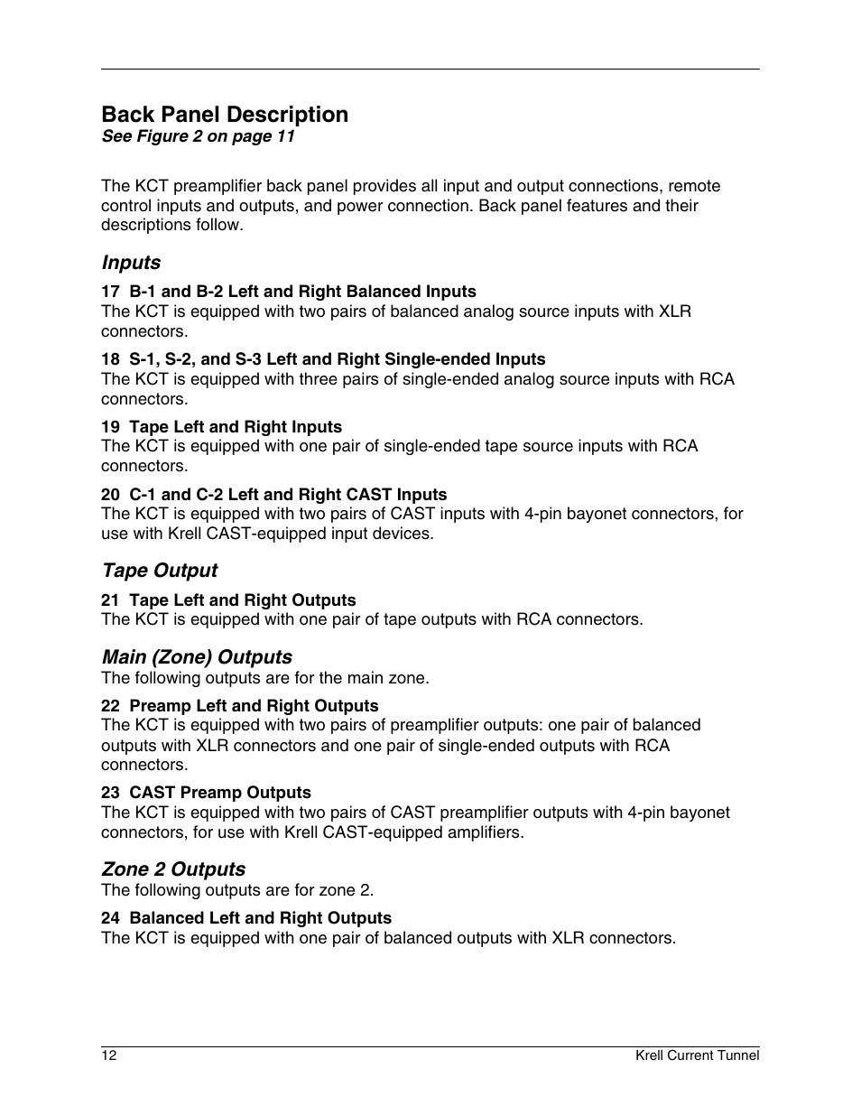 Back panel description | Krell Industries KCT User Manual | Page 16 / 44