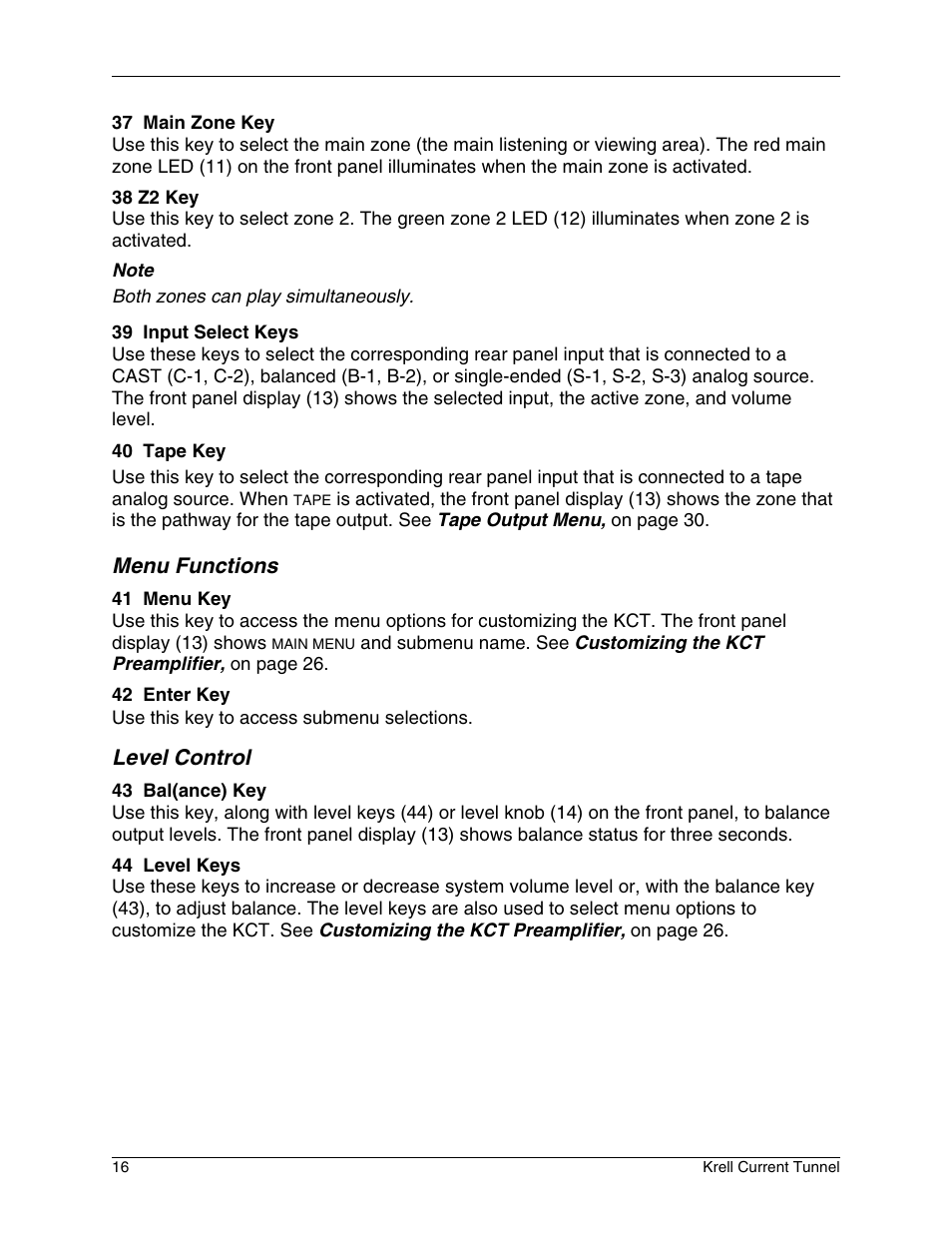 Menu functions, Level control | Krell Industries KCT User Manual | Page 20 / 44