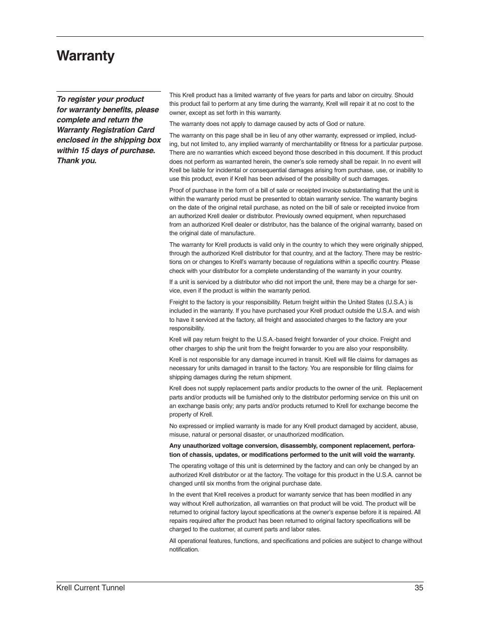 Warranty | Krell Industries KCT User Manual | Page 39 / 44