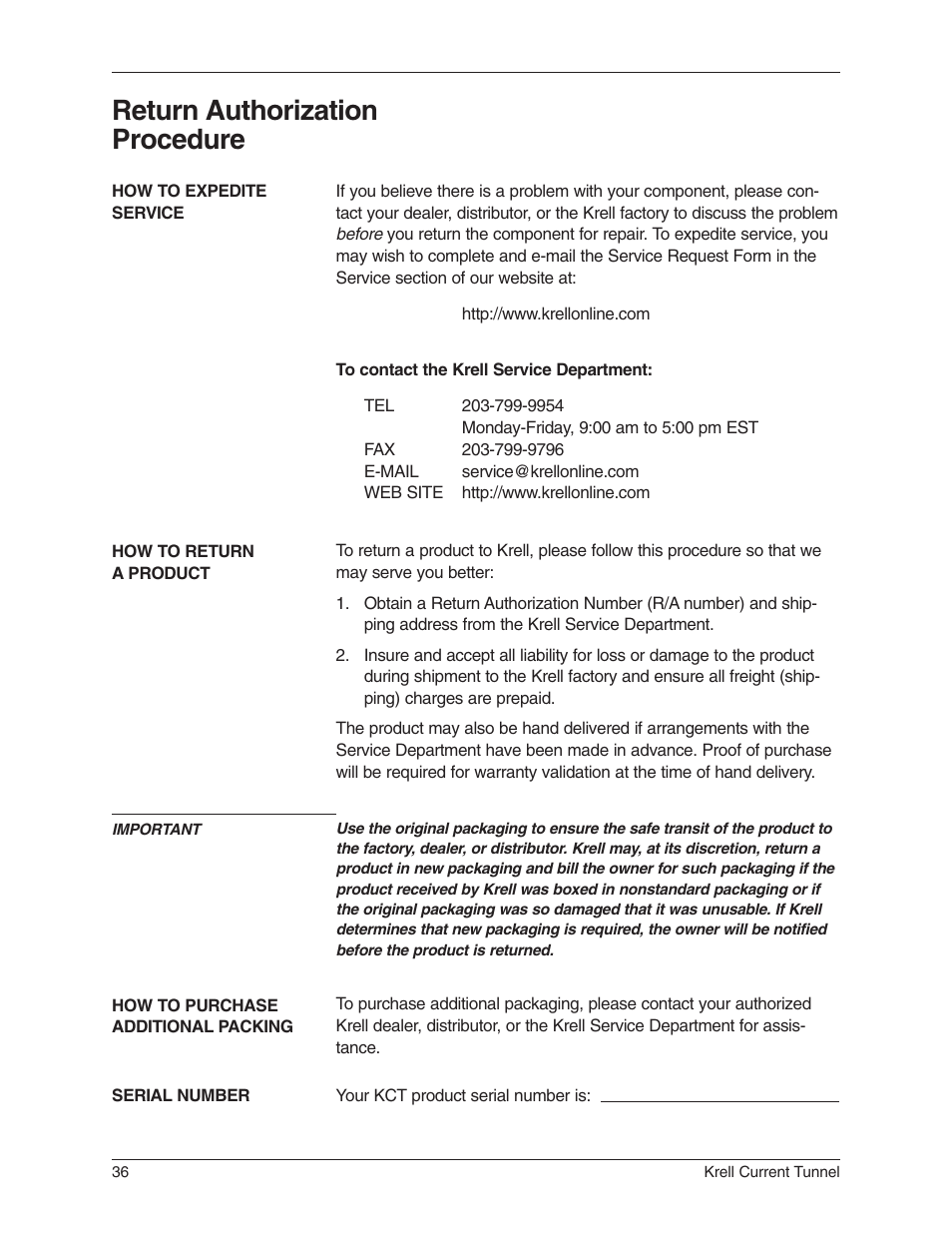 Return authorization procedure | Krell Industries KCT User Manual | Page 40 / 44