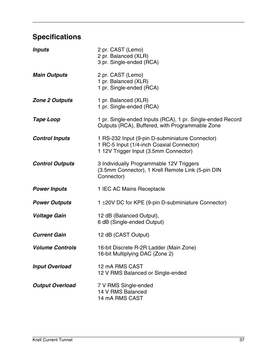 Specifications | Krell Industries KCT User Manual | Page 41 / 44
