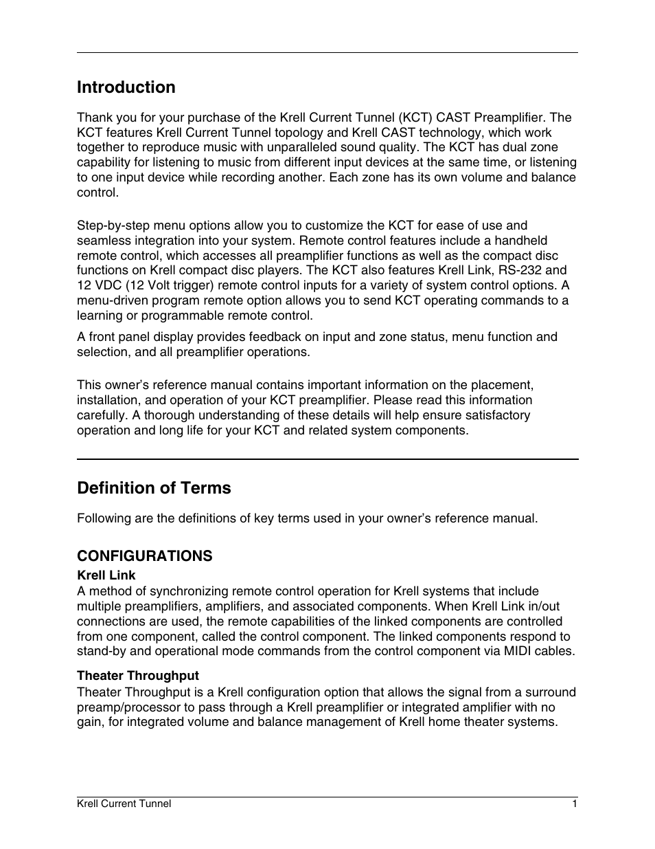 Introduction, Definition of terms | Krell Industries KCT User Manual | Page 5 / 44