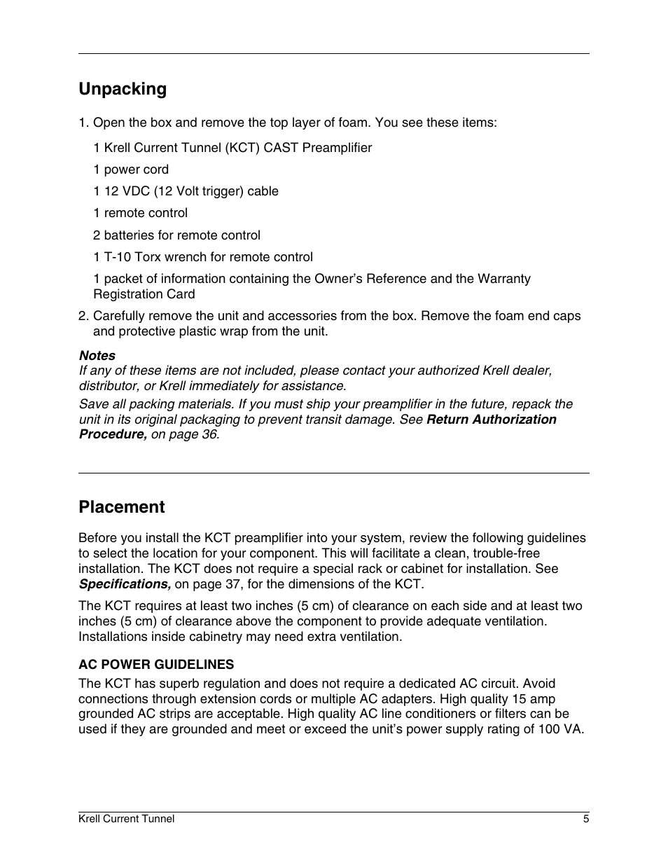 Unpacking, Placement | Krell Industries KCT User Manual | Page 9 / 44