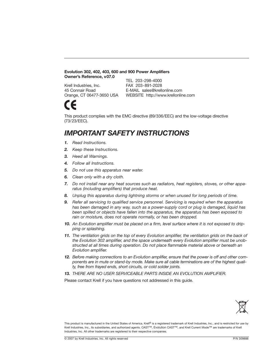 Important safety instructions | Krell Industries Evolution User Manual | Page 2 / 33