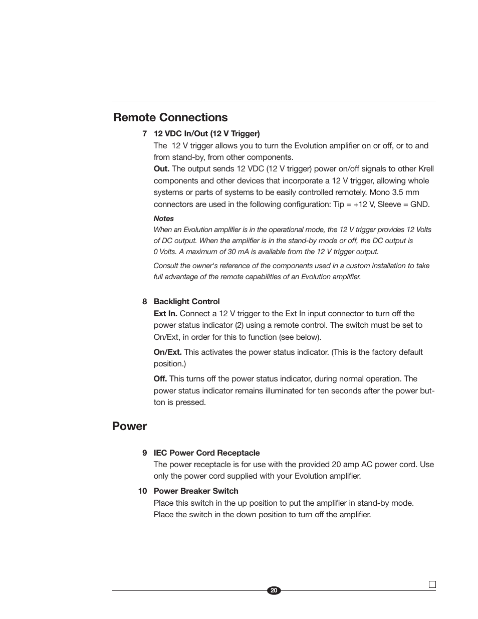 Remote connections, Power | Krell Industries Evolution User Manual | Page 20 / 33