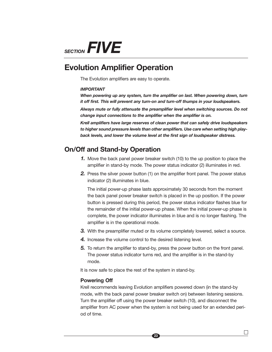 Five, Evolution amplifier operation, On/off and stand-by operation | Krell Industries Evolution User Manual | Page 23 / 33
