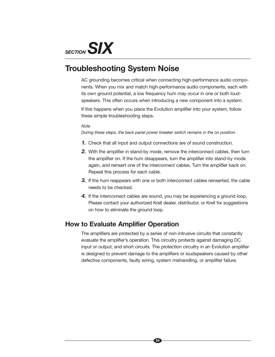 Troubleshooting system noise, How to evaluate amplifier operation | Krell Industries Evolution User Manual | Page 24 / 33