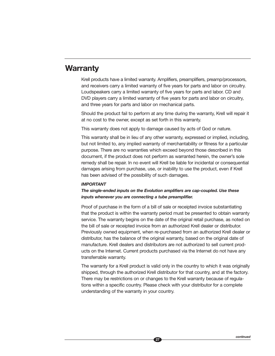 Warranty | Krell Industries Evolution User Manual | Page 27 / 33