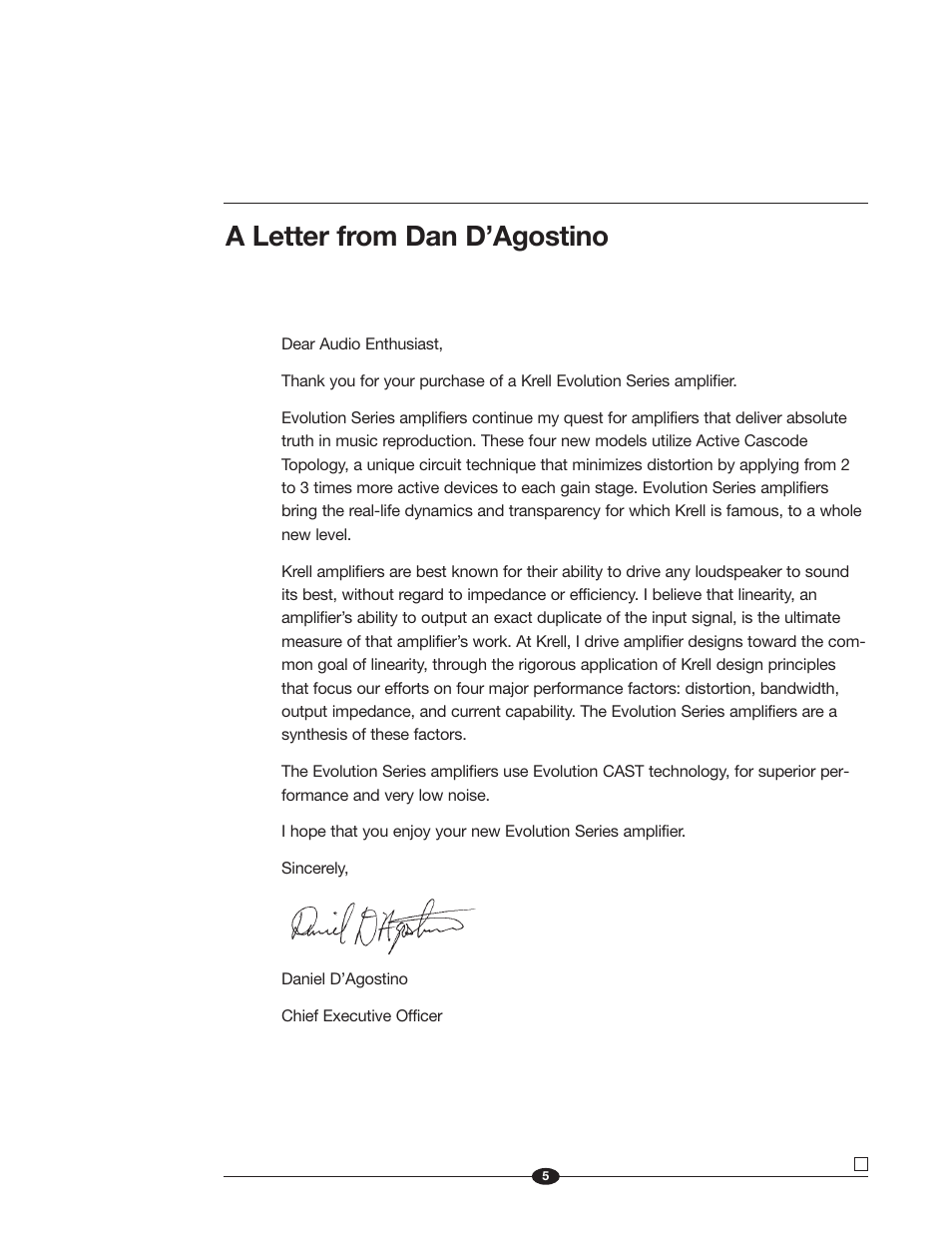 A letter from dan d’agostino | Krell Industries Evolution User Manual | Page 5 / 33