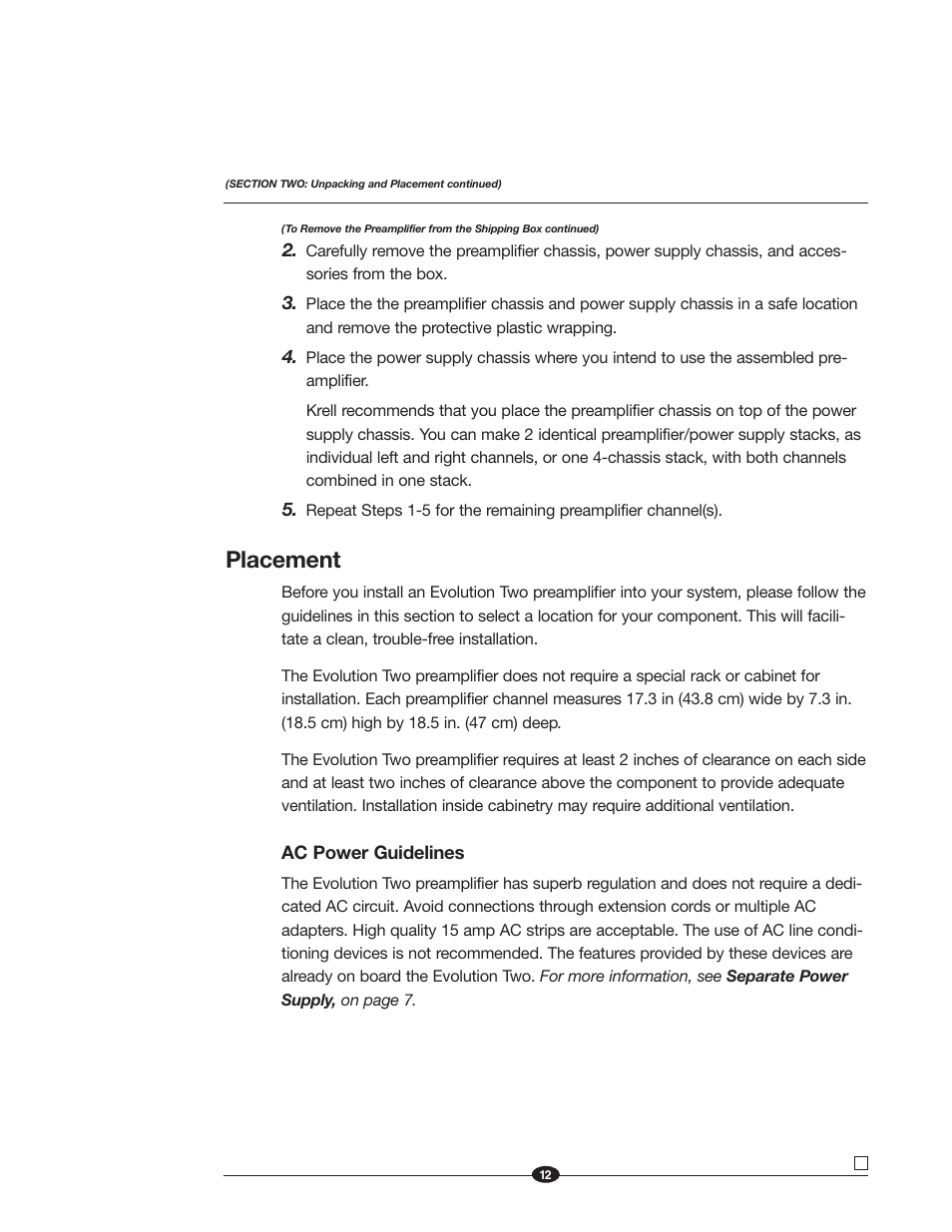 Placement | Krell Industries EVOLUTION TWO MONAURAL PREAMPLIFIER User Manual | Page 16 / 60