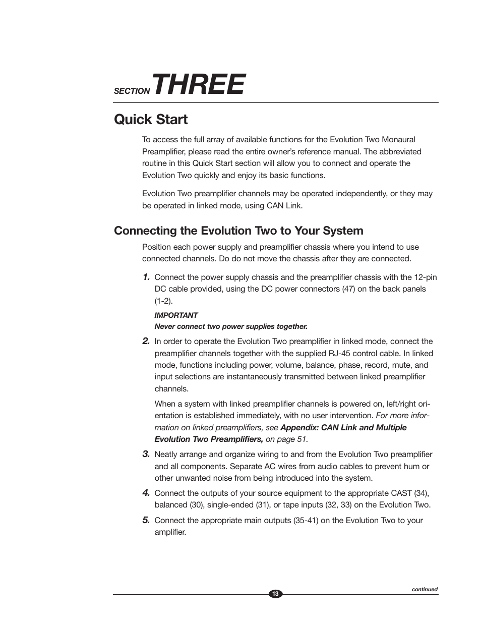 Three, Quick start, Connecting the evolution two to your system | Krell Industries EVOLUTION TWO MONAURAL PREAMPLIFIER User Manual | Page 17 / 60