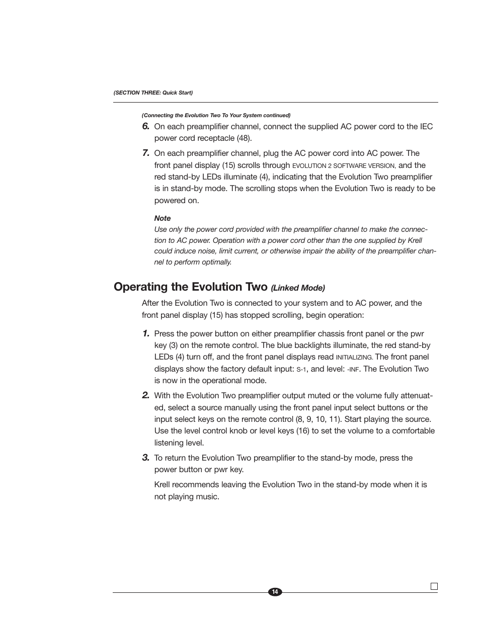 Operating the evolution two | Krell Industries EVOLUTION TWO MONAURAL PREAMPLIFIER User Manual | Page 18 / 60