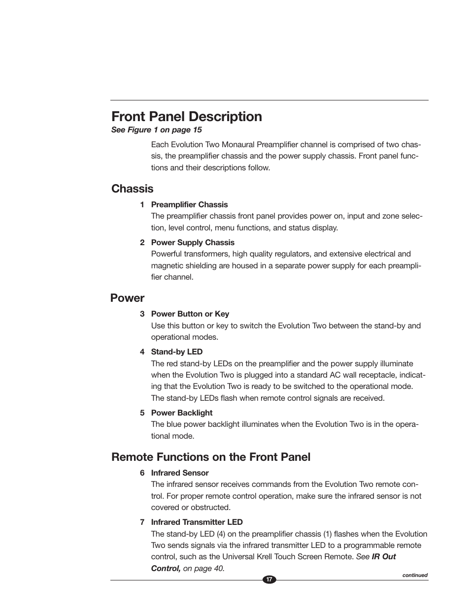 Front panel description, Chassis, Power | Remote functions on the front panel | Krell Industries EVOLUTION TWO MONAURAL PREAMPLIFIER User Manual | Page 21 / 60