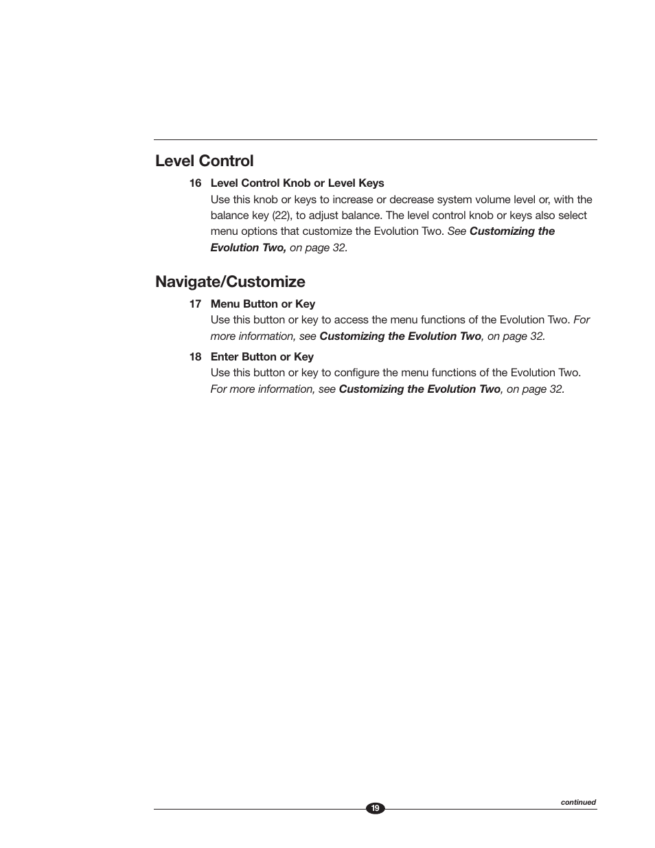 Level control, Navigate/customize | Krell Industries EVOLUTION TWO MONAURAL PREAMPLIFIER User Manual | Page 23 / 60