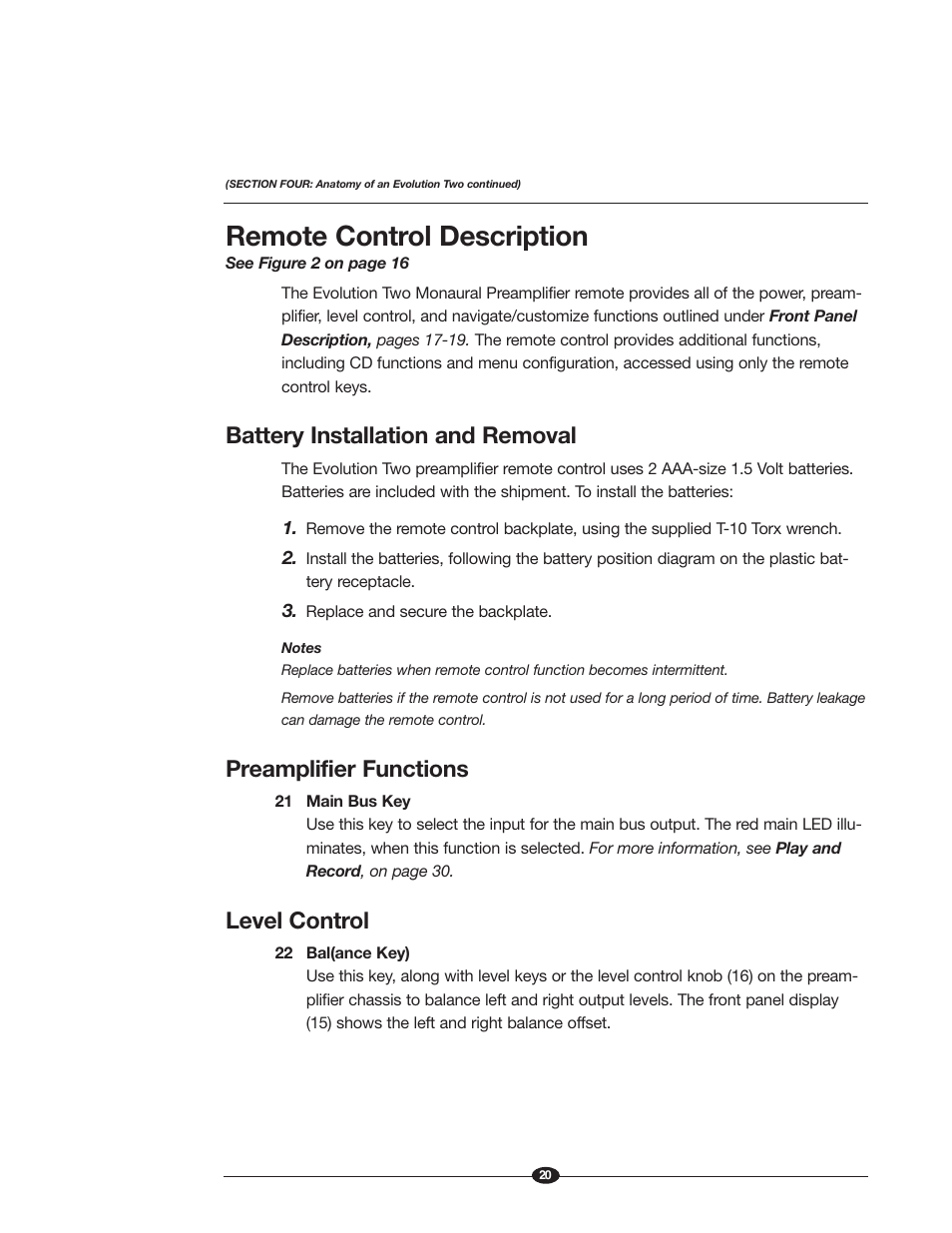 Remote control description, Battery installation and removal, Preamplifier functions | Level control | Krell Industries EVOLUTION TWO MONAURAL PREAMPLIFIER User Manual | Page 24 / 60