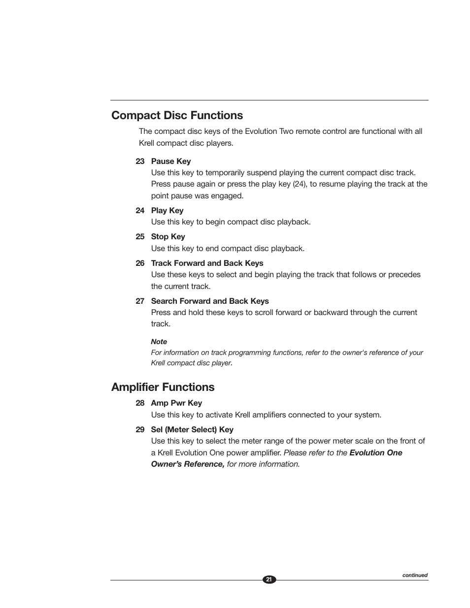 Compact disc functions, Amplifier functions | Krell Industries EVOLUTION TWO MONAURAL PREAMPLIFIER User Manual | Page 25 / 60