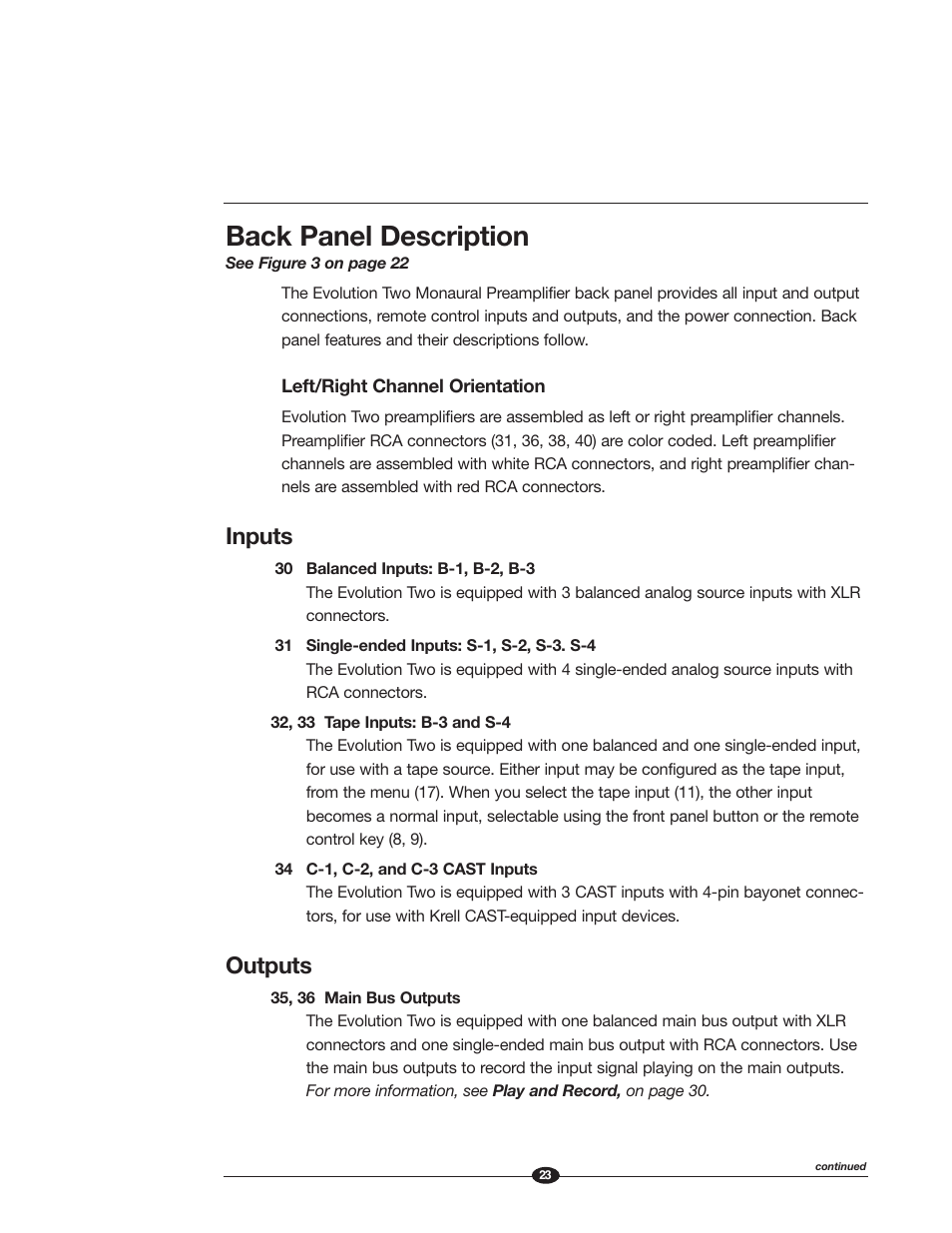 Back panel description, Inputs, Outputs | Krell Industries EVOLUTION TWO MONAURAL PREAMPLIFIER User Manual | Page 27 / 60