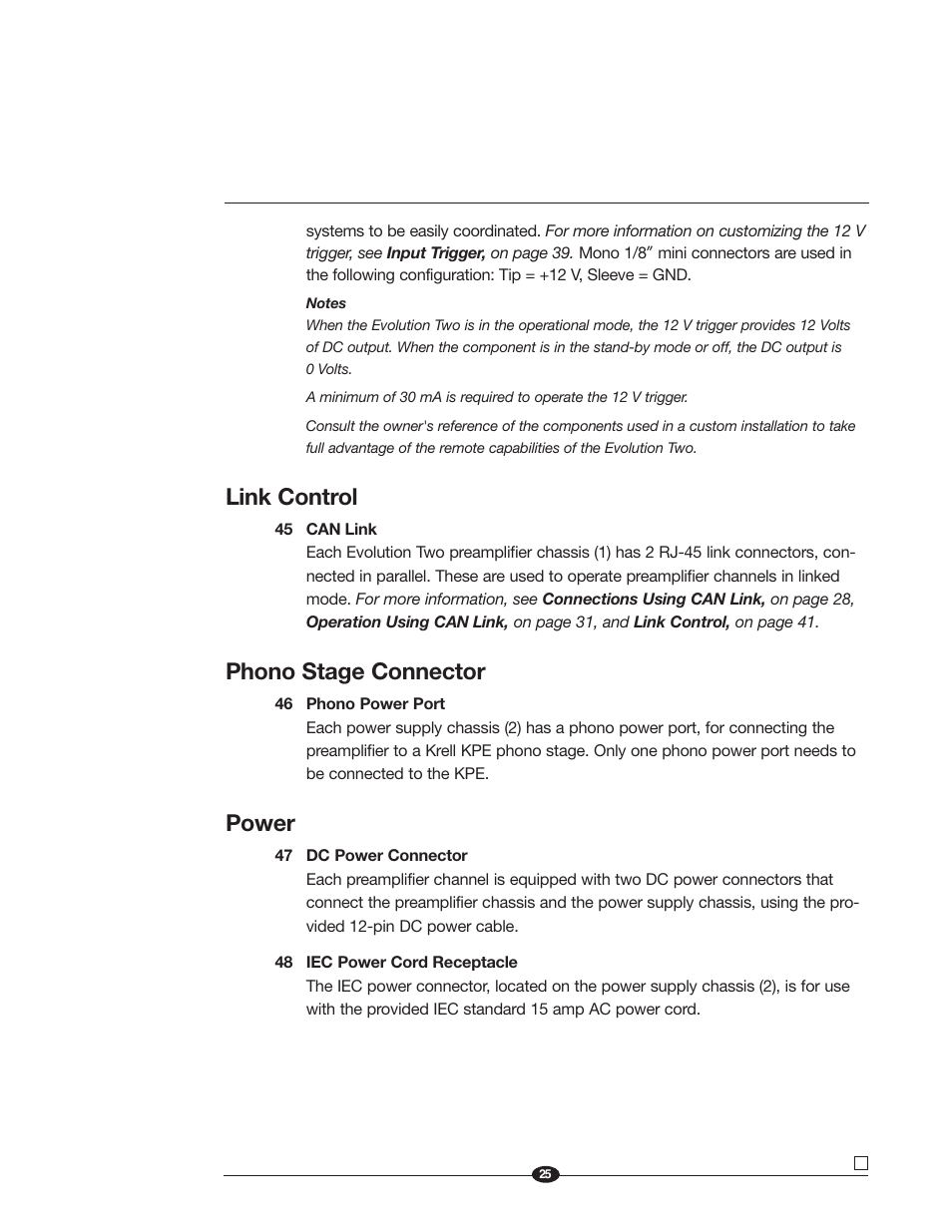 Link control, Phono stage connector, Power | Krell Industries EVOLUTION TWO MONAURAL PREAMPLIFIER User Manual | Page 29 / 60