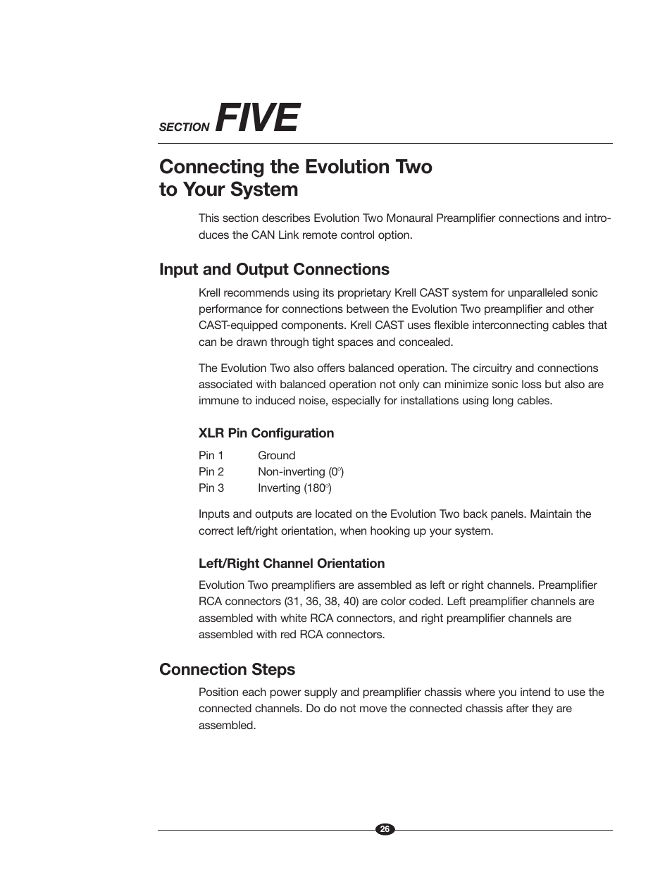 Five, Connecting the evolution two to your system, Input and output connections | Connection steps | Krell Industries EVOLUTION TWO MONAURAL PREAMPLIFIER User Manual | Page 30 / 60