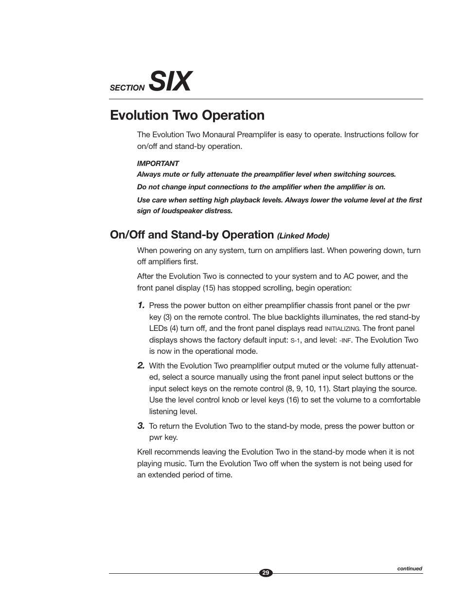Evolution two operation, On/off and stand-by operation | Krell Industries EVOLUTION TWO MONAURAL PREAMPLIFIER User Manual | Page 33 / 60