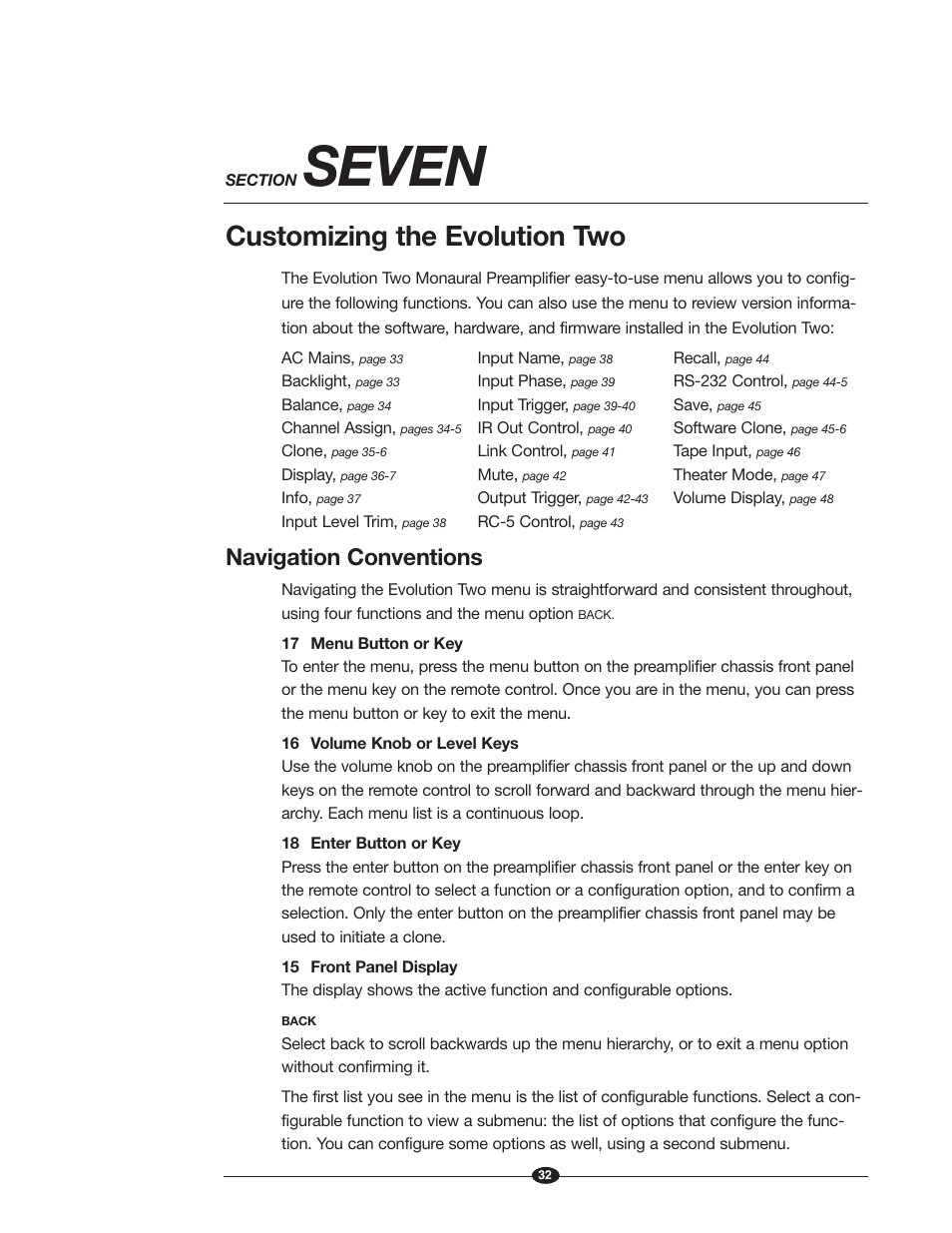 Seven, Customizing the evolution two, Navigation conventions | Krell Industries EVOLUTION TWO MONAURAL PREAMPLIFIER User Manual | Page 36 / 60