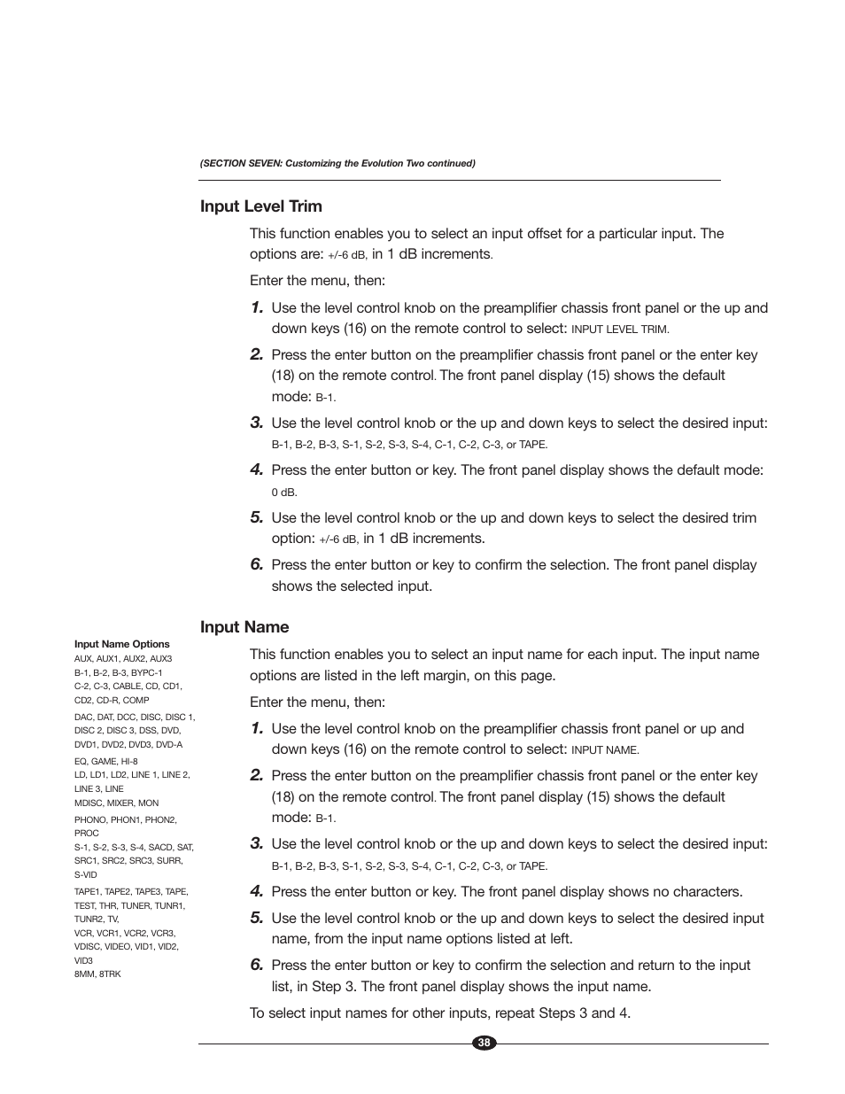 Input level trim, Input name | Krell Industries EVOLUTION TWO MONAURAL PREAMPLIFIER User Manual | Page 42 / 60