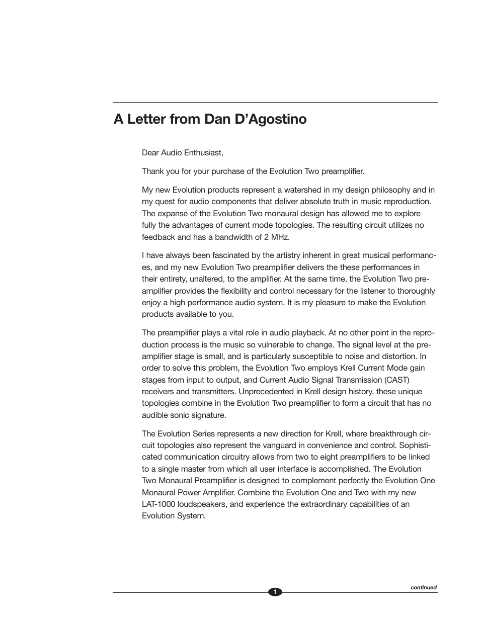 A letter from dan d’agostino | Krell Industries EVOLUTION TWO MONAURAL PREAMPLIFIER User Manual | Page 5 / 60