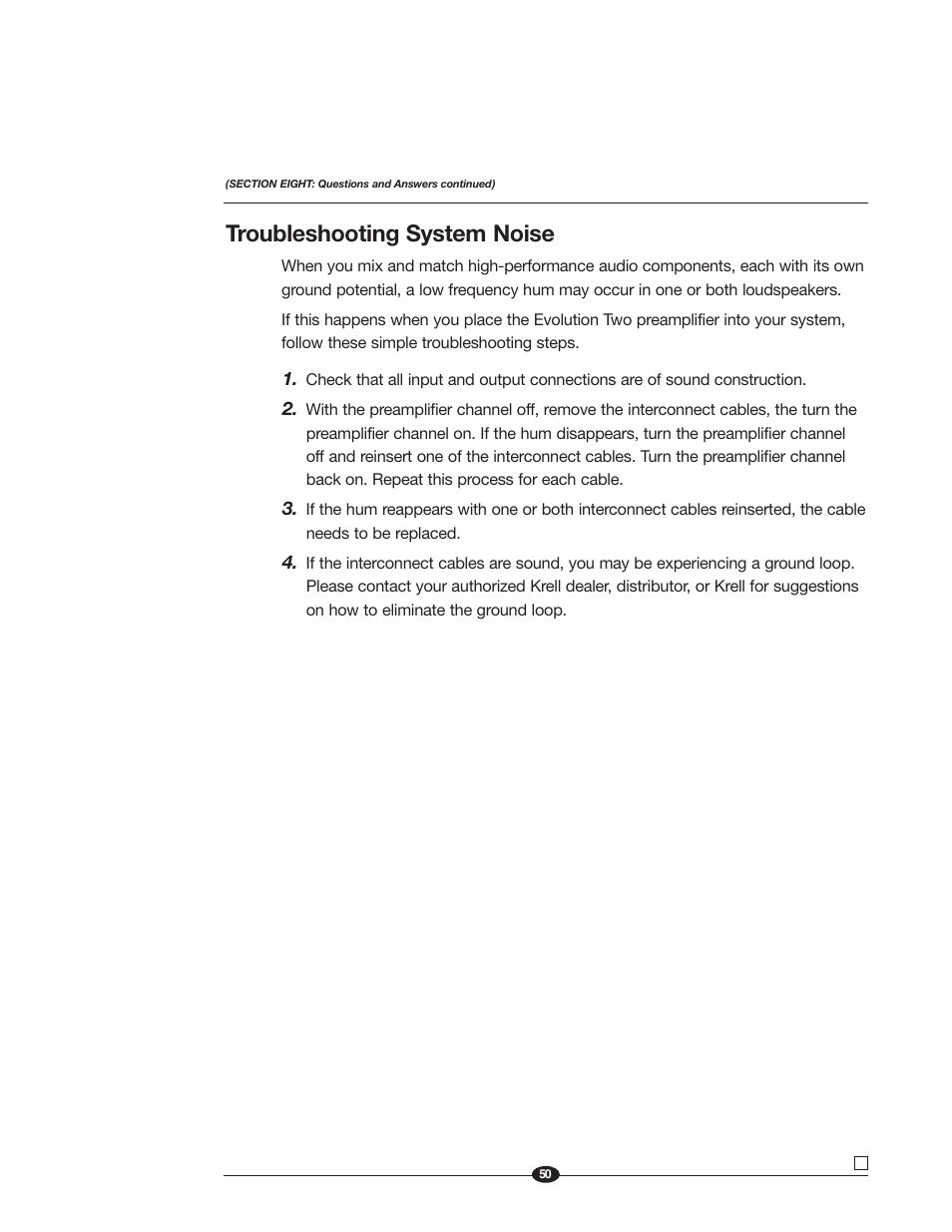 Troubleshooting system noise | Krell Industries EVOLUTION TWO MONAURAL PREAMPLIFIER User Manual | Page 54 / 60