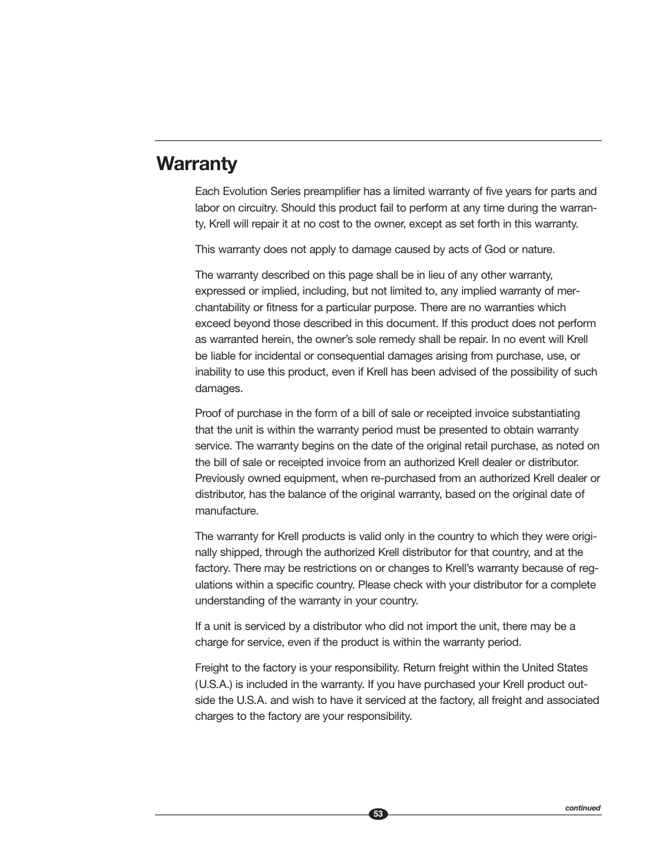 Warranty | Krell Industries EVOLUTION TWO MONAURAL PREAMPLIFIER User Manual | Page 57 / 60