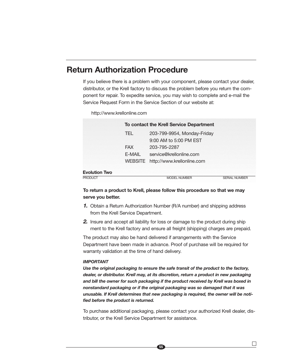 Return authorization procedure | Krell Industries EVOLUTION TWO MONAURAL PREAMPLIFIER User Manual | Page 59 / 60