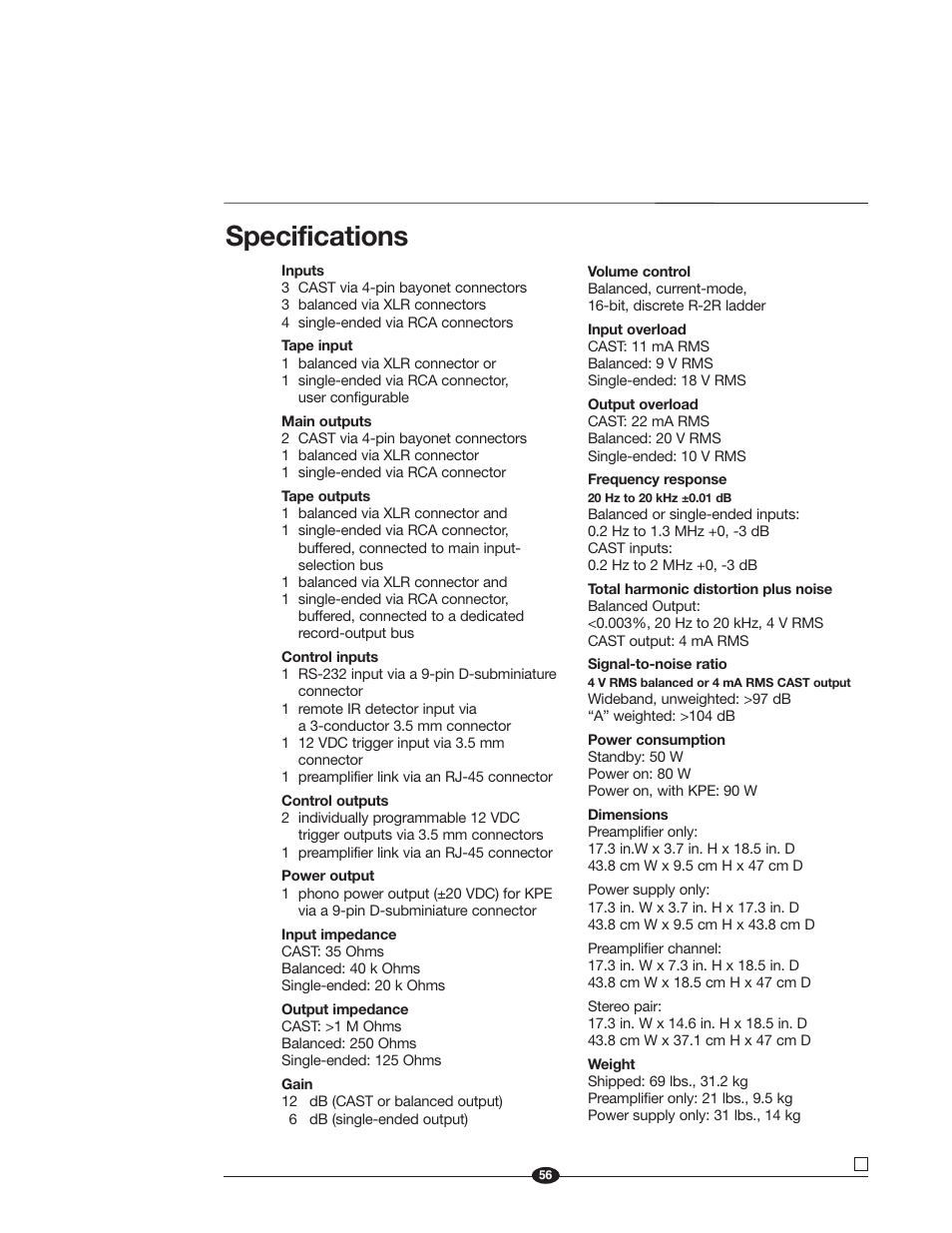 Specifications | Krell Industries EVOLUTION TWO MONAURAL PREAMPLIFIER User Manual | Page 60 / 60