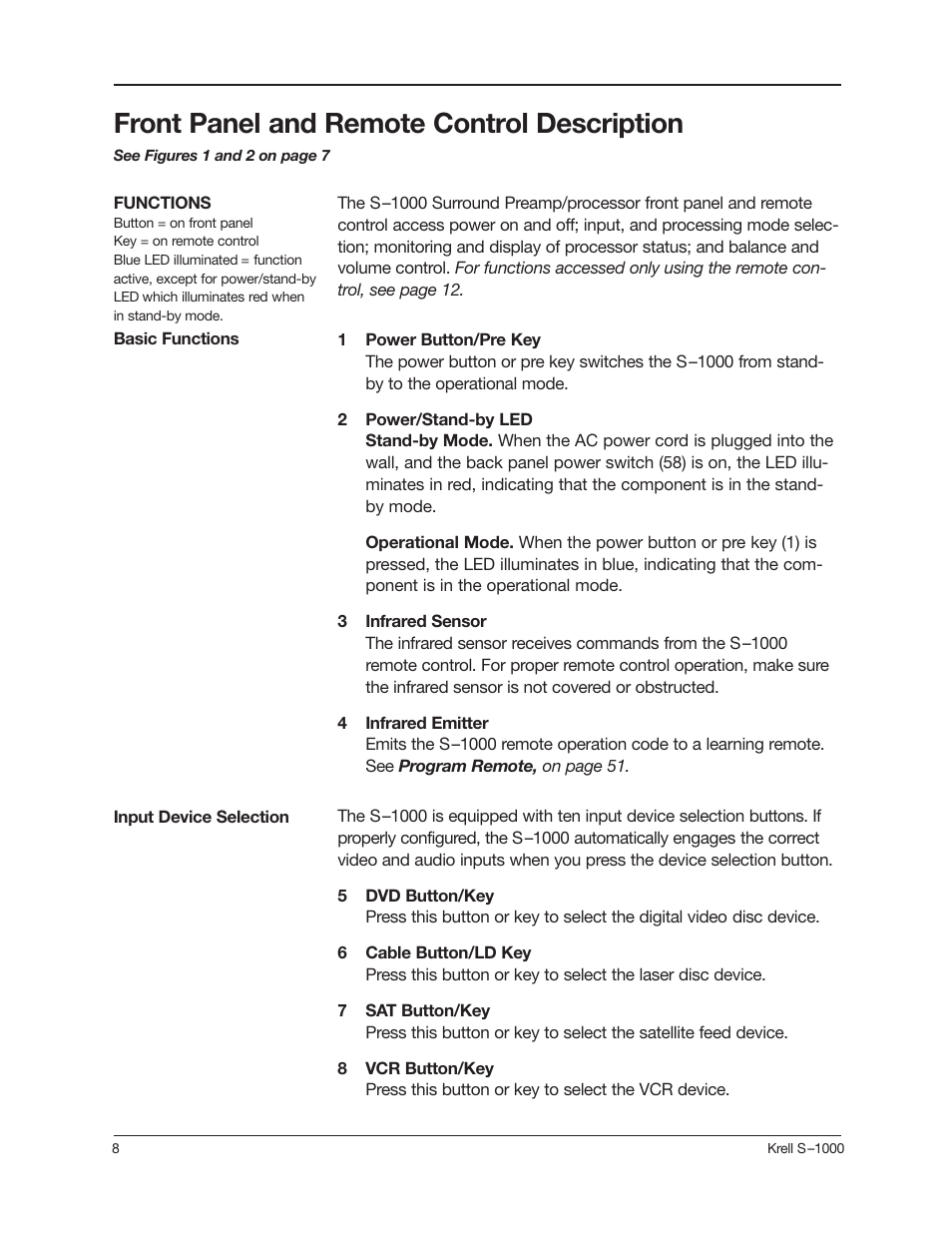 Front panel and remote control description | Krell Industries S-1000 User Manual | Page 12 / 72