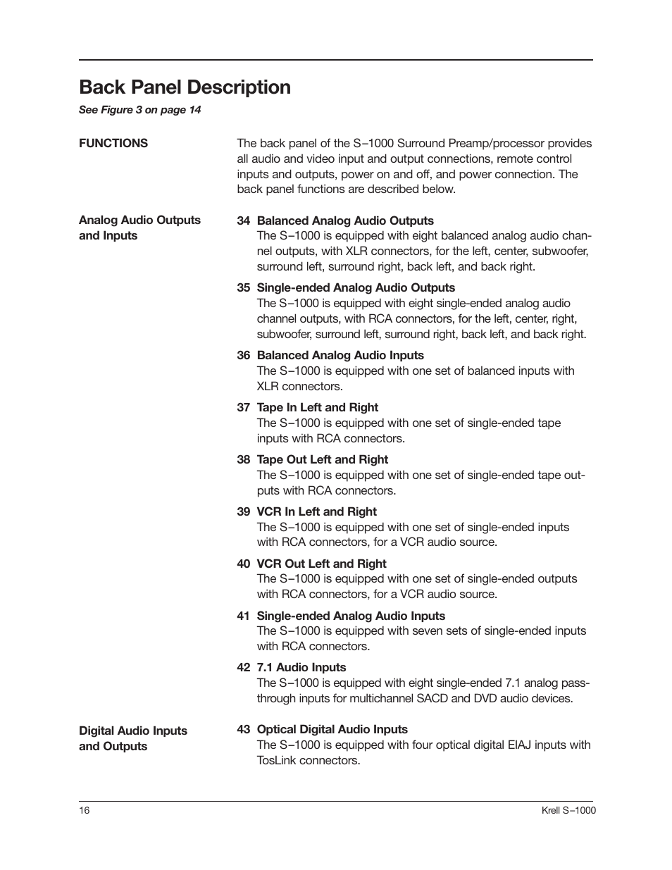 Back panel description | Krell Industries S-1000 User Manual | Page 20 / 72