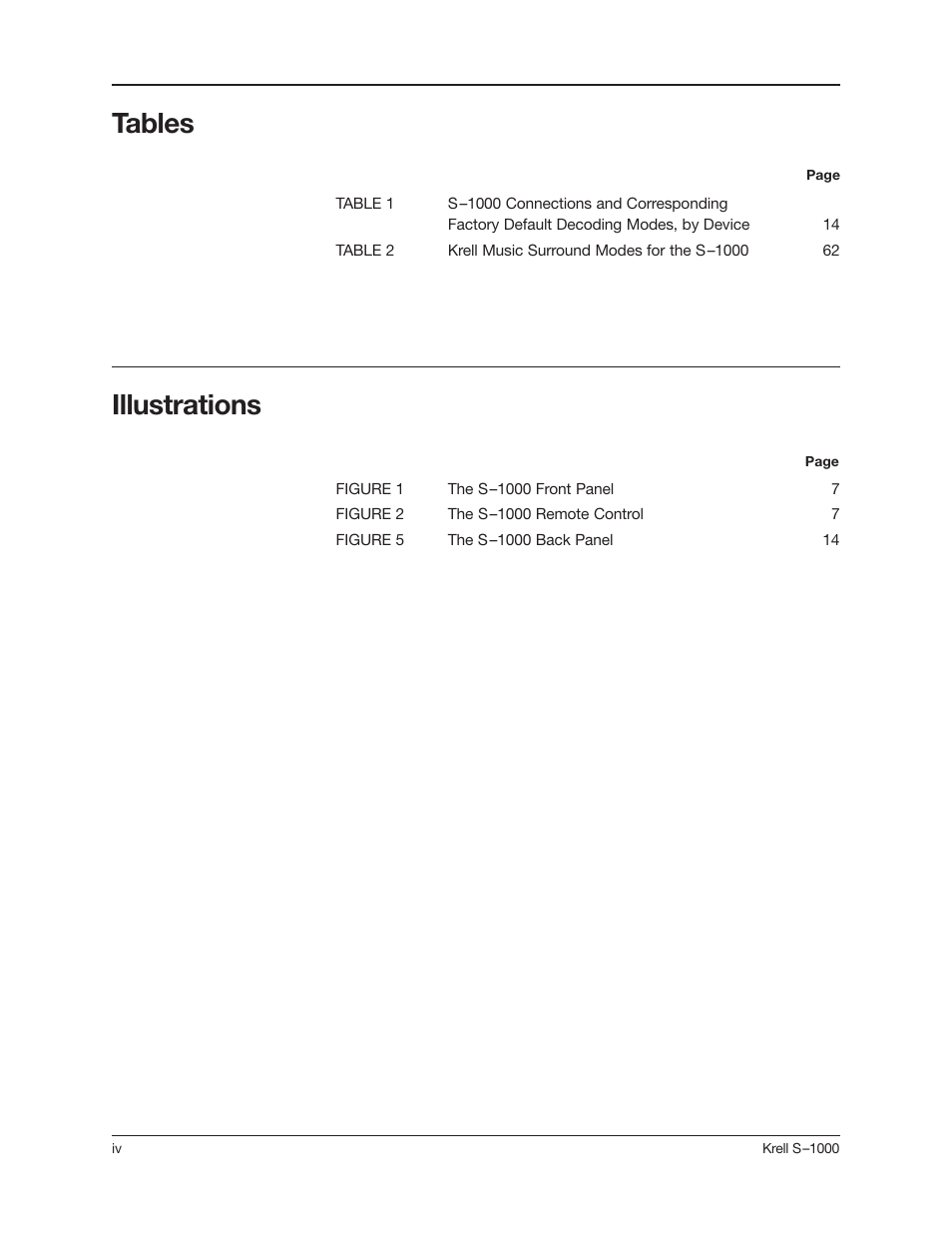 Illustrations tables | Krell Industries S-1000 User Manual | Page 4 / 72
