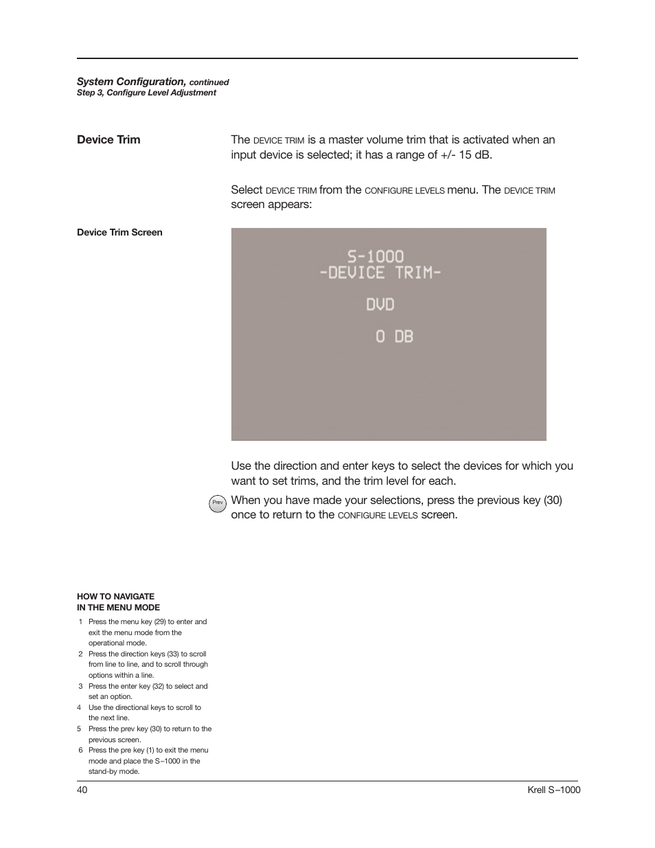 Menu. the, Screen, Device trim | Krell Industries S-1000 User Manual | Page 44 / 72