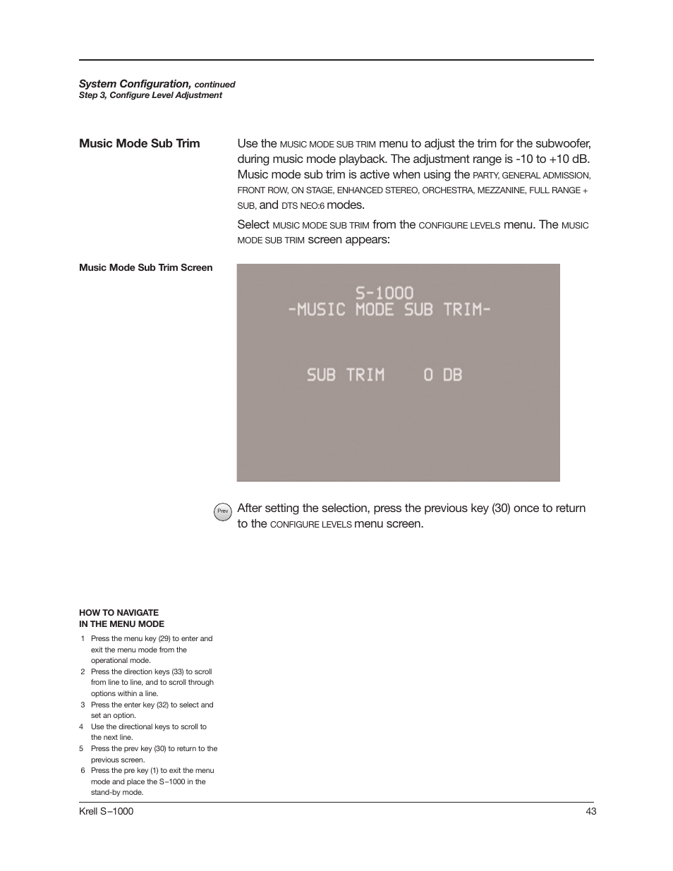 Menu screen, Music mode sub trim use the, Modes. select | Menu. the, Screen appears | Krell Industries S-1000 User Manual | Page 47 / 72