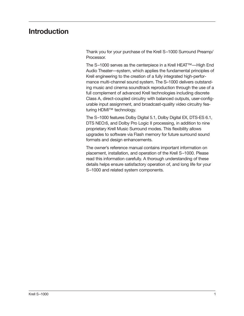 Introduction | Krell Industries S-1000 User Manual | Page 5 / 72