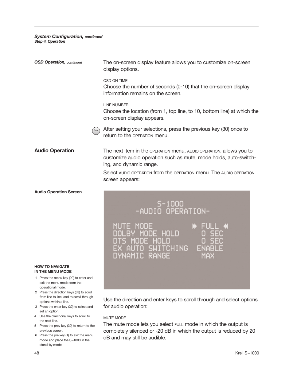 Menu. the next item in the, Menu, Menu. the | The mute mode lets you select, Audio operation | Krell Industries S-1000 User Manual | Page 52 / 72