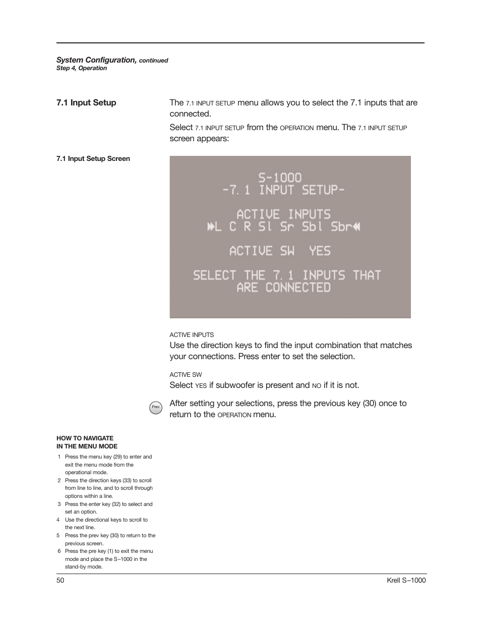 Select, If subwoofer is present and, Menu. the | Screen appears: 7.1 input setup | Krell Industries S-1000 User Manual | Page 54 / 72