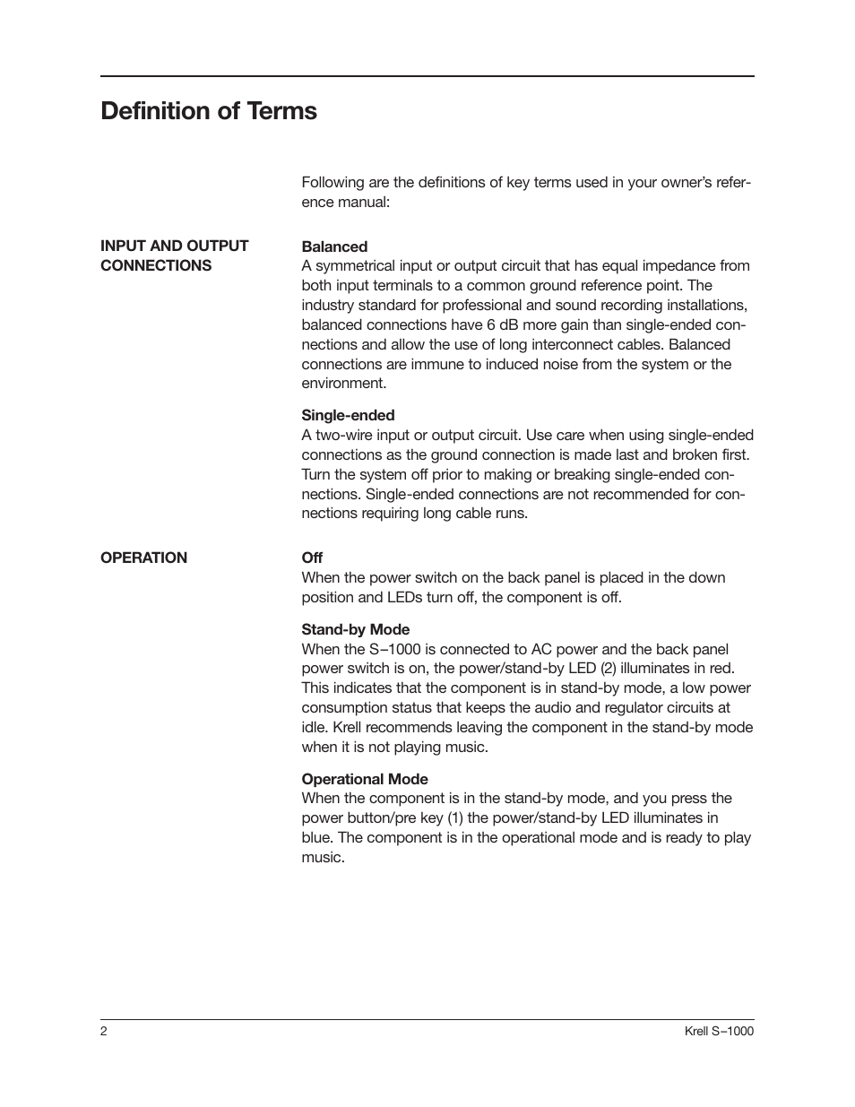 Definition of terms | Krell Industries S-1000 User Manual | Page 6 / 72