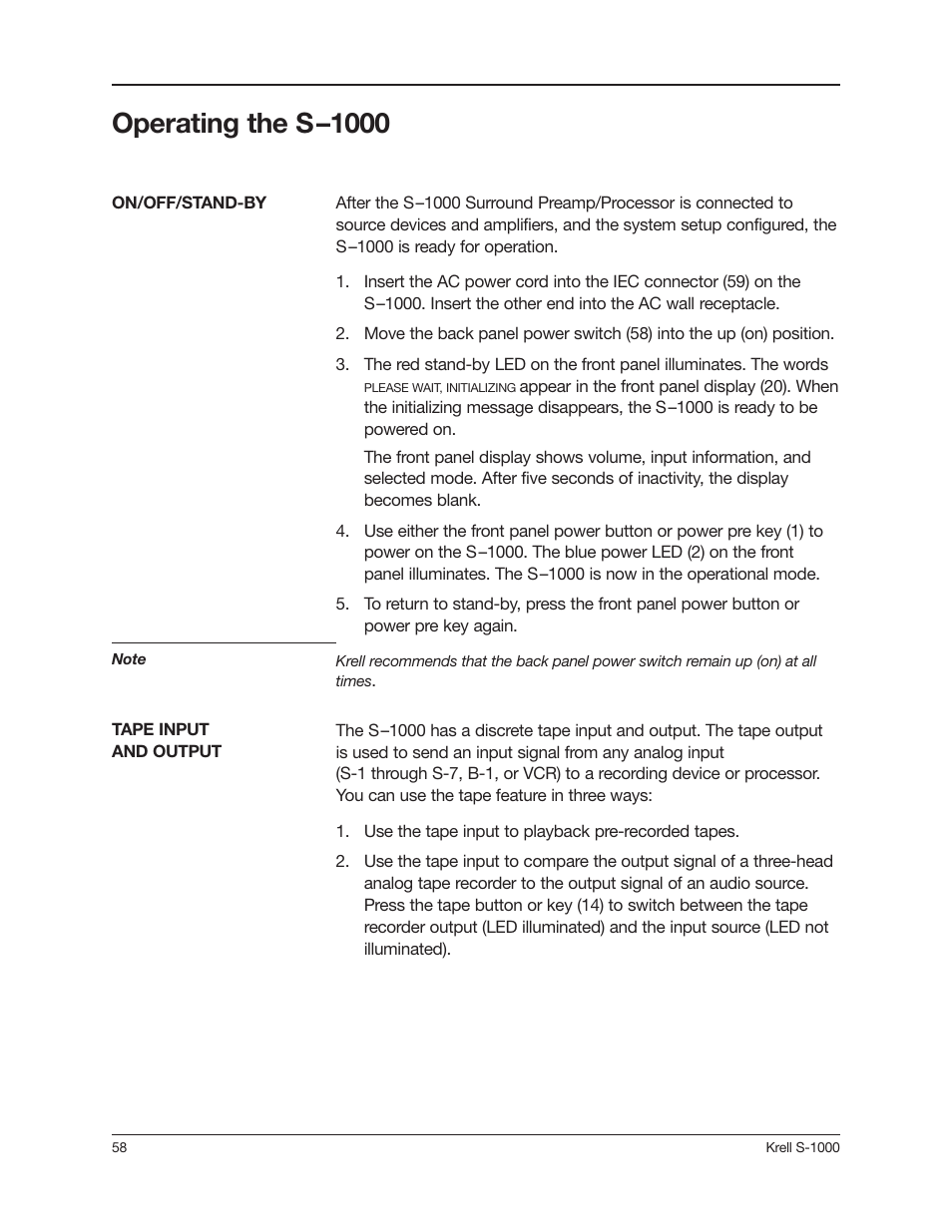 Operating the s–1000 | Krell Industries S-1000 User Manual | Page 62 / 72