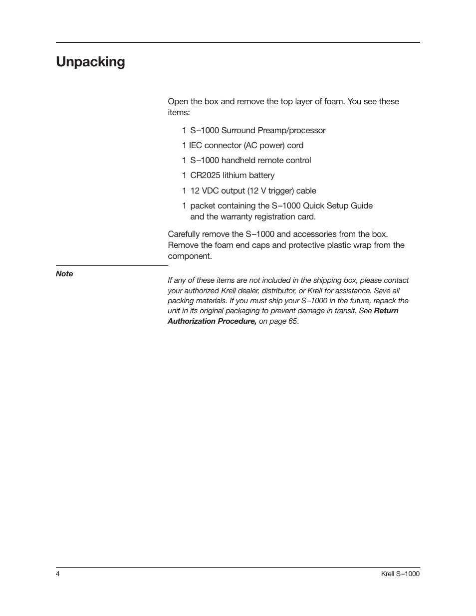 Unpacking | Krell Industries S-1000 User Manual | Page 8 / 72