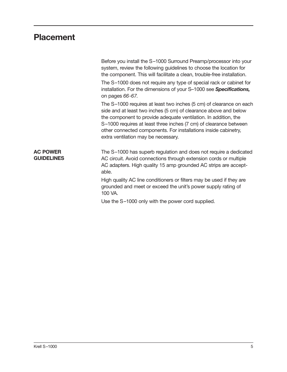 Placement | Krell Industries S-1000 User Manual | Page 9 / 72