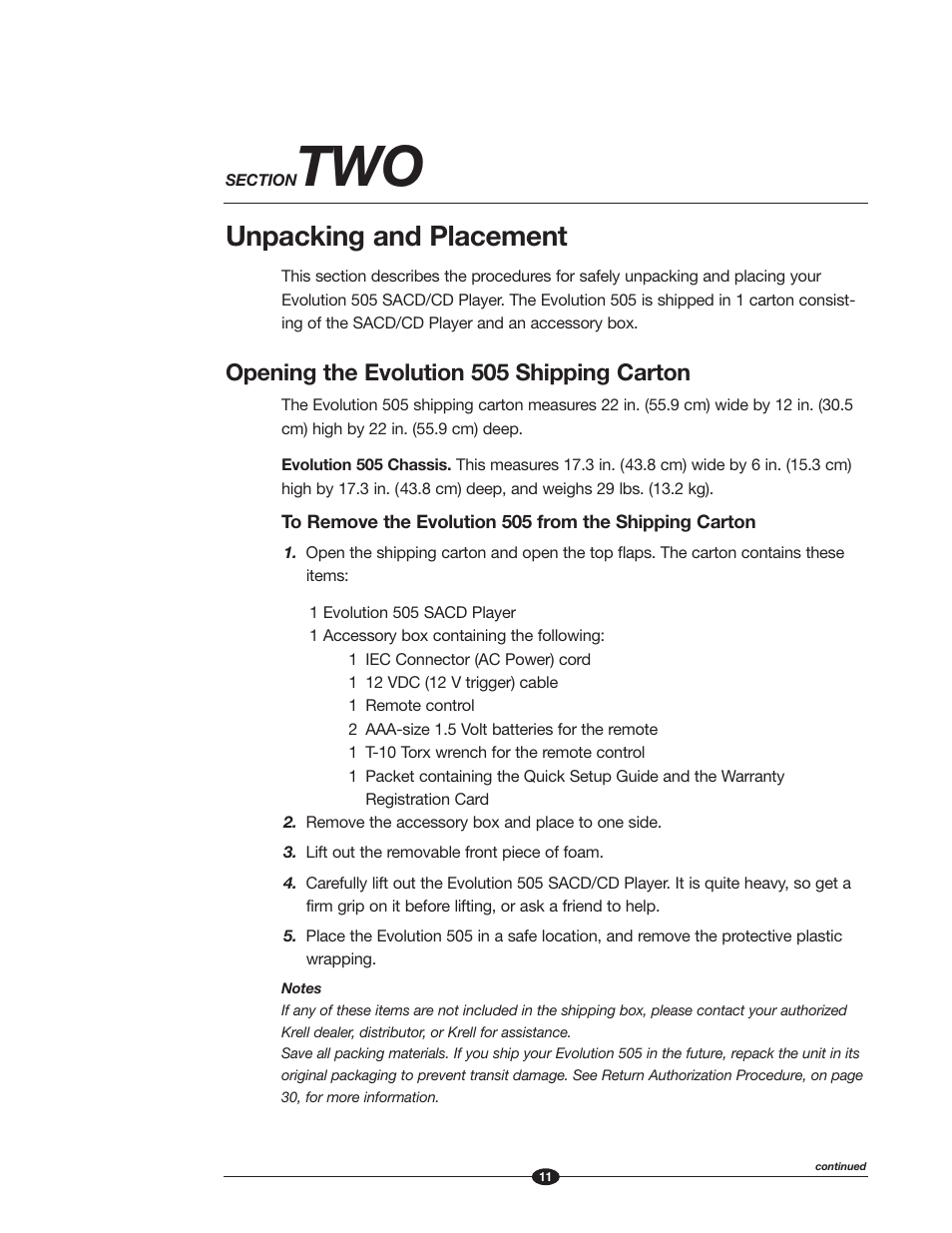 Unpacking and placement, Opening the evolution 505 shipping carton | Krell Industries Evolution 505 User Manual | Page 11 / 32
