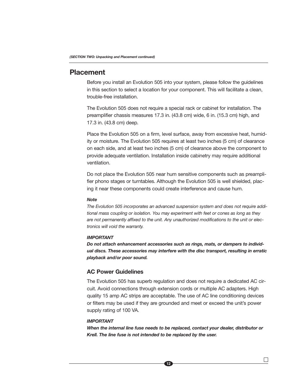 Placement | Krell Industries Evolution 505 User Manual | Page 12 / 32