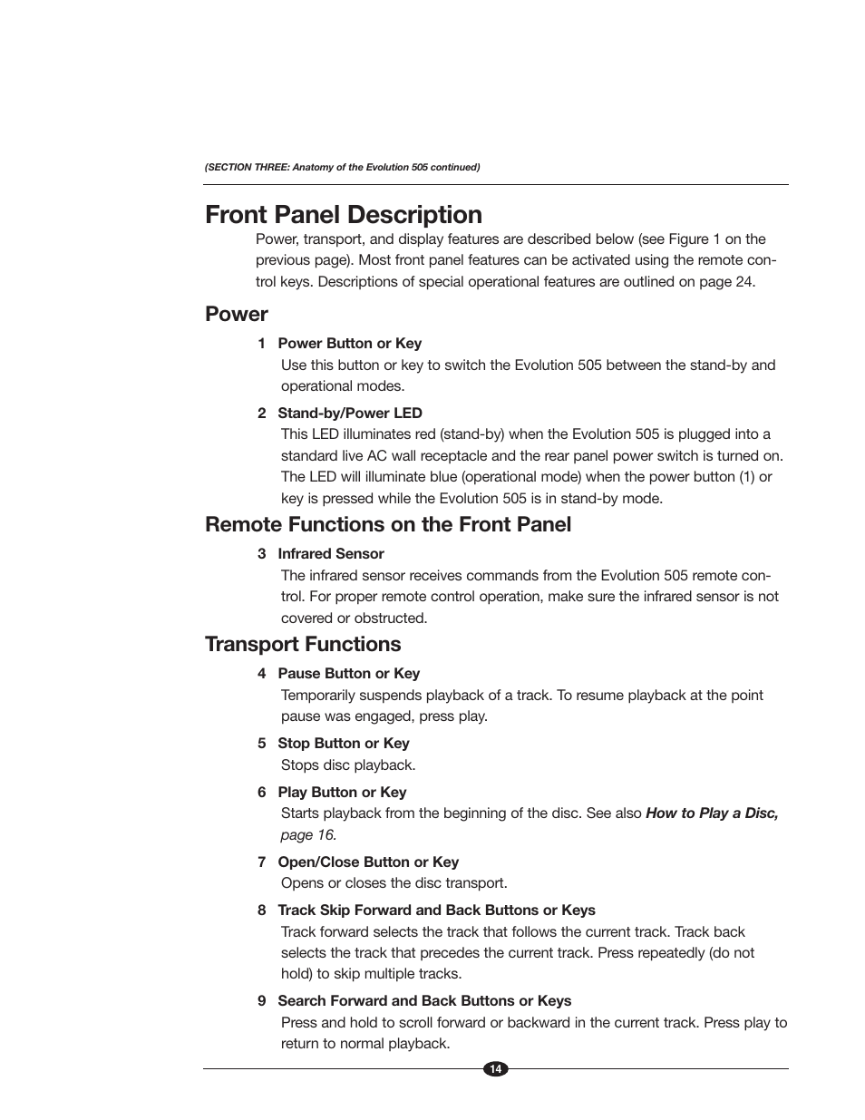 Front panel description, Power, Remote functions on the front panel | Transport functions | Krell Industries Evolution 505 User Manual | Page 14 / 32