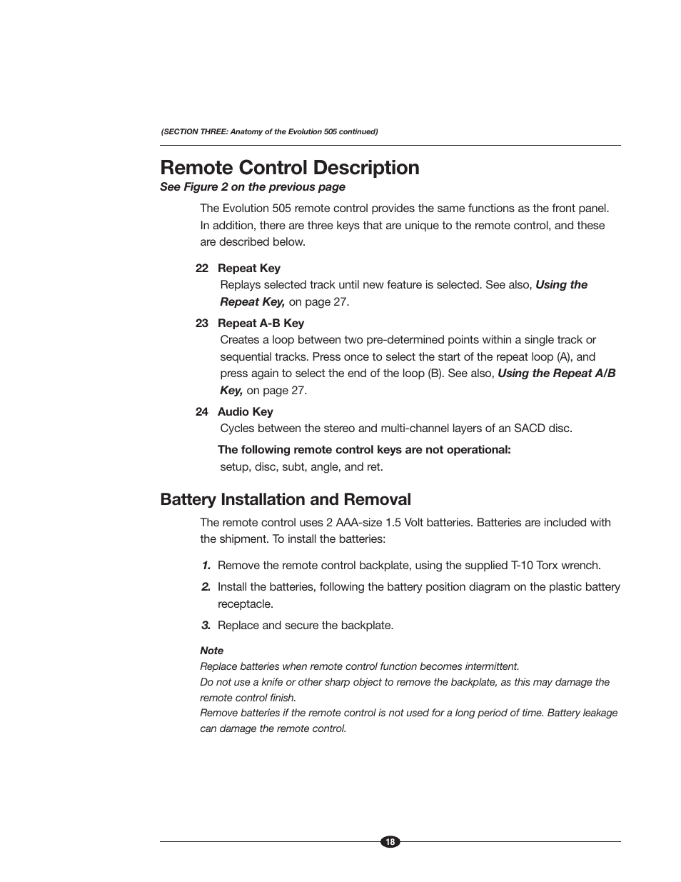 Remote control description, Battery installation and removal | Krell Industries Evolution 505 User Manual | Page 18 / 32