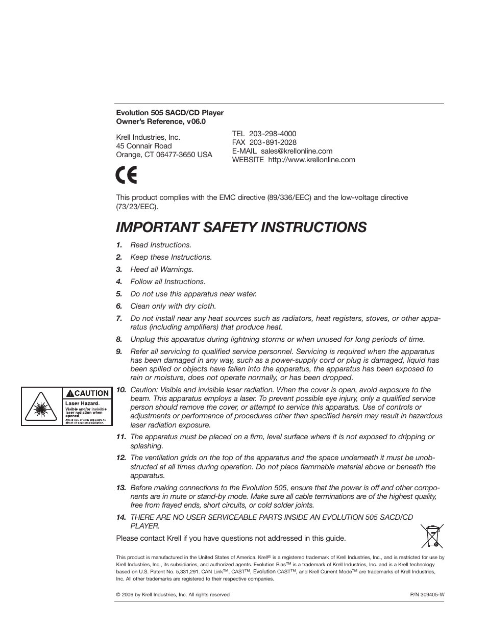 Important safety instructions | Krell Industries Evolution 505 User Manual | Page 2 / 32