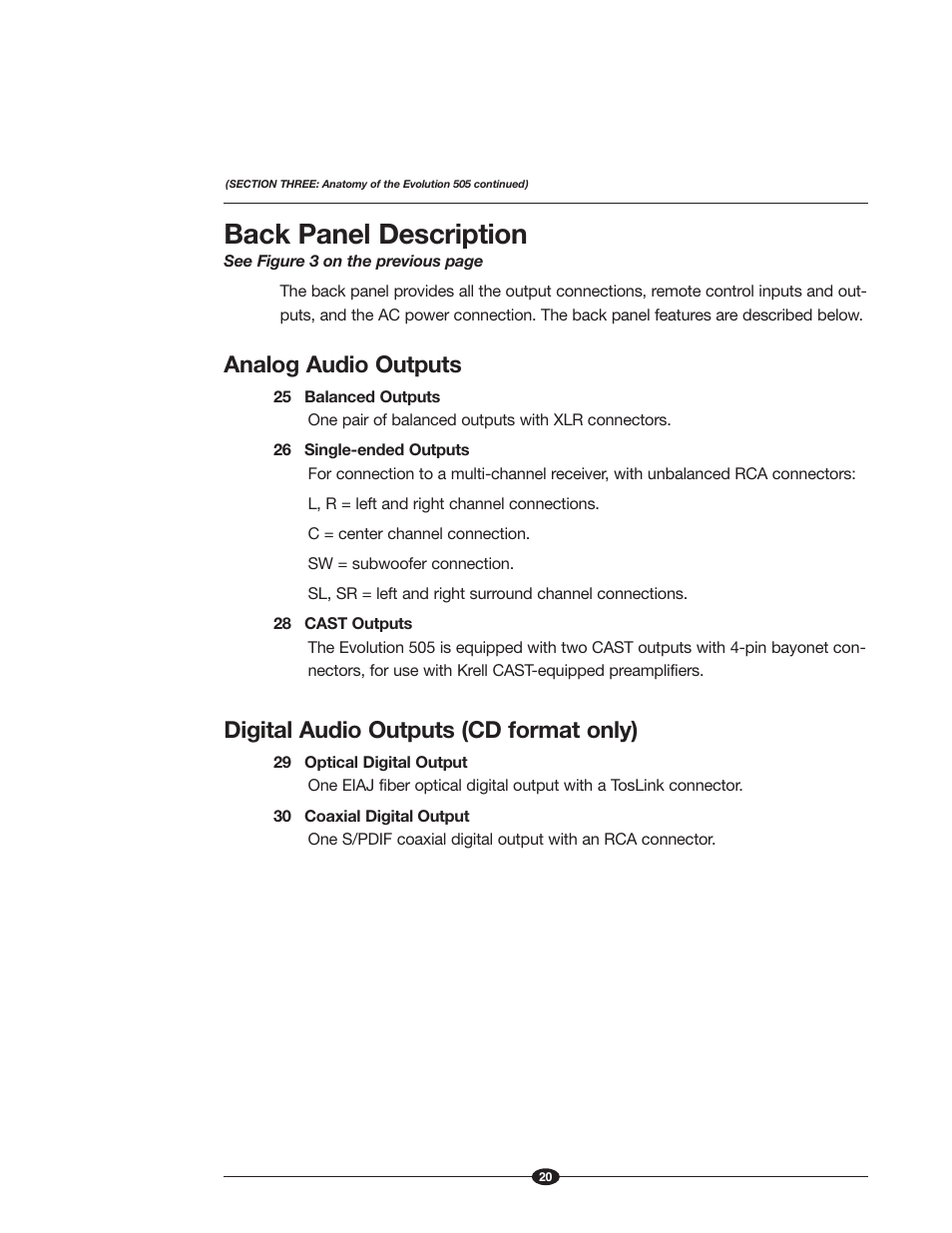 Back panel description, Analog audio outputs, Digital audio outputs (cd format only) | Krell Industries Evolution 505 User Manual | Page 20 / 32